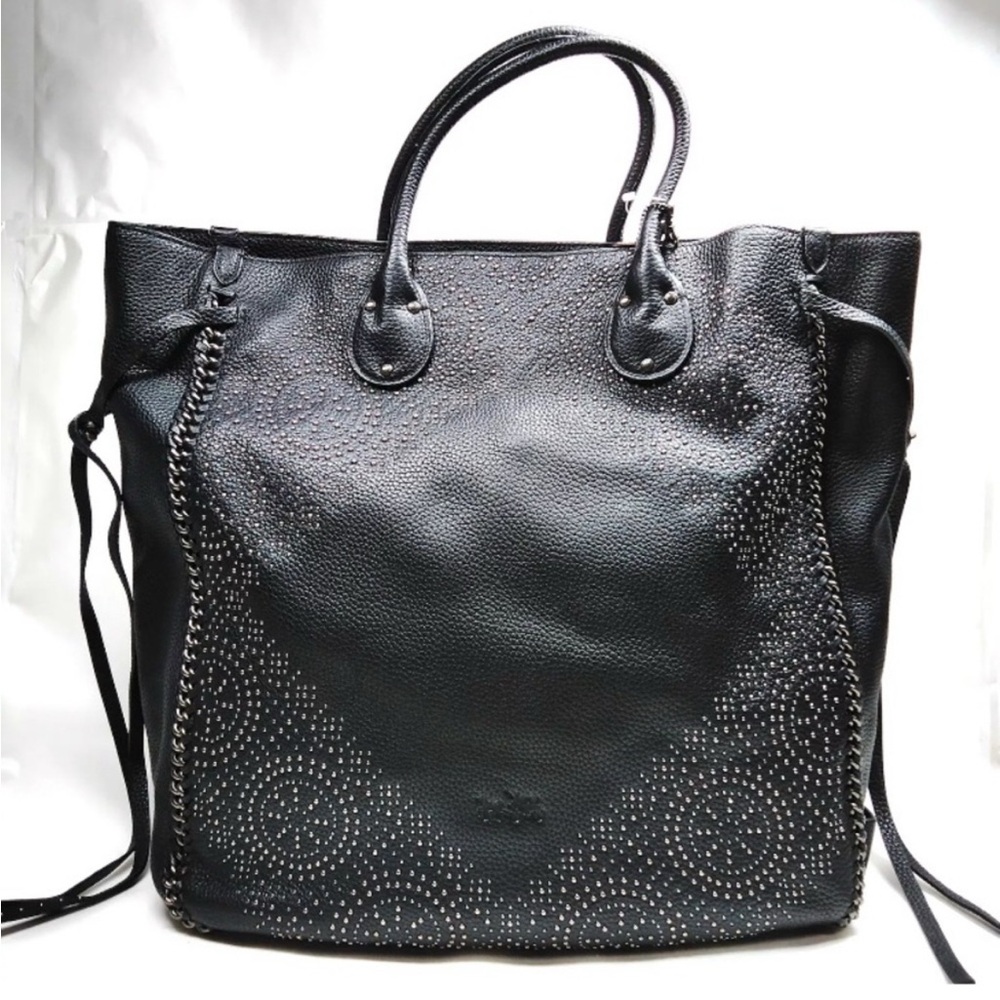 COACH RARE Tatum whipstitch Studded Black Leather Bag weekender 5 HANG TAGS EUC - Picture 3 of 15